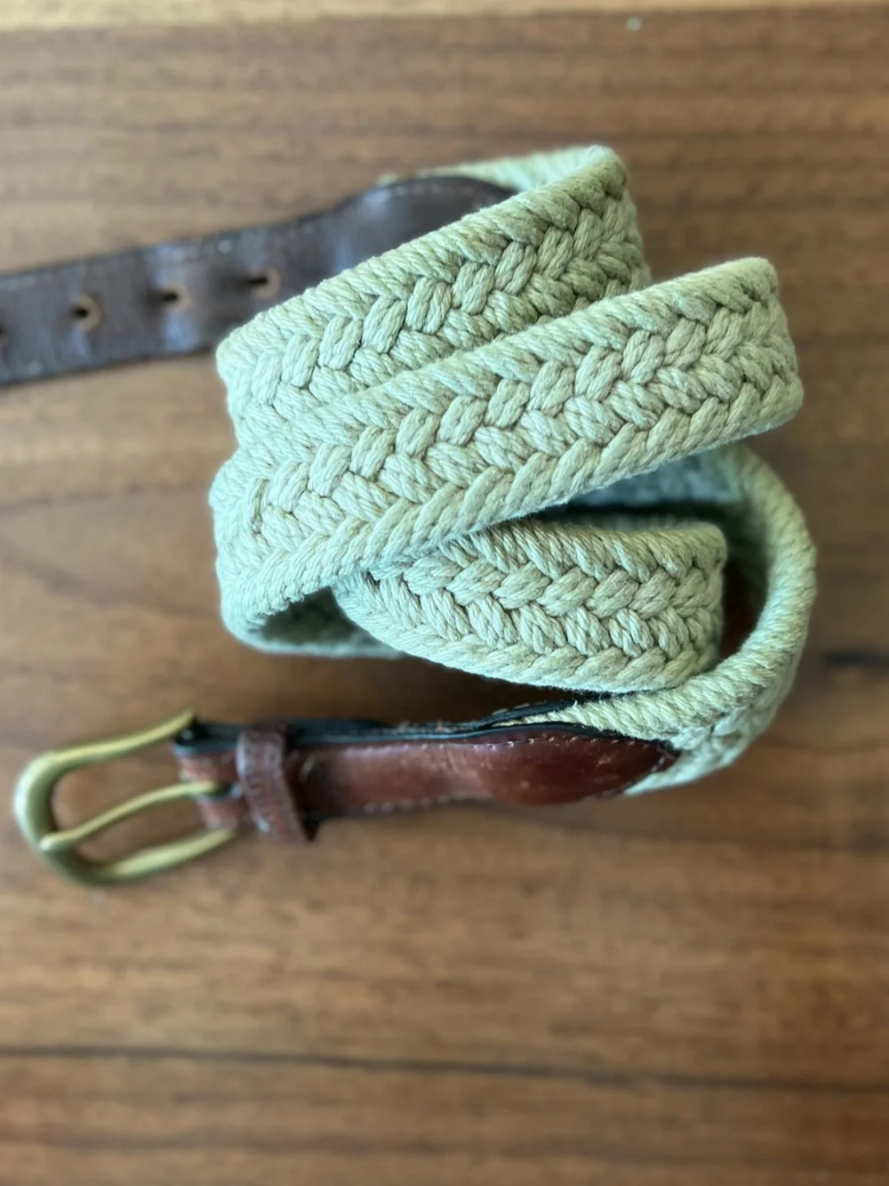 Men's Woven Braided Belt in Light Sage with Brown Leather Trim